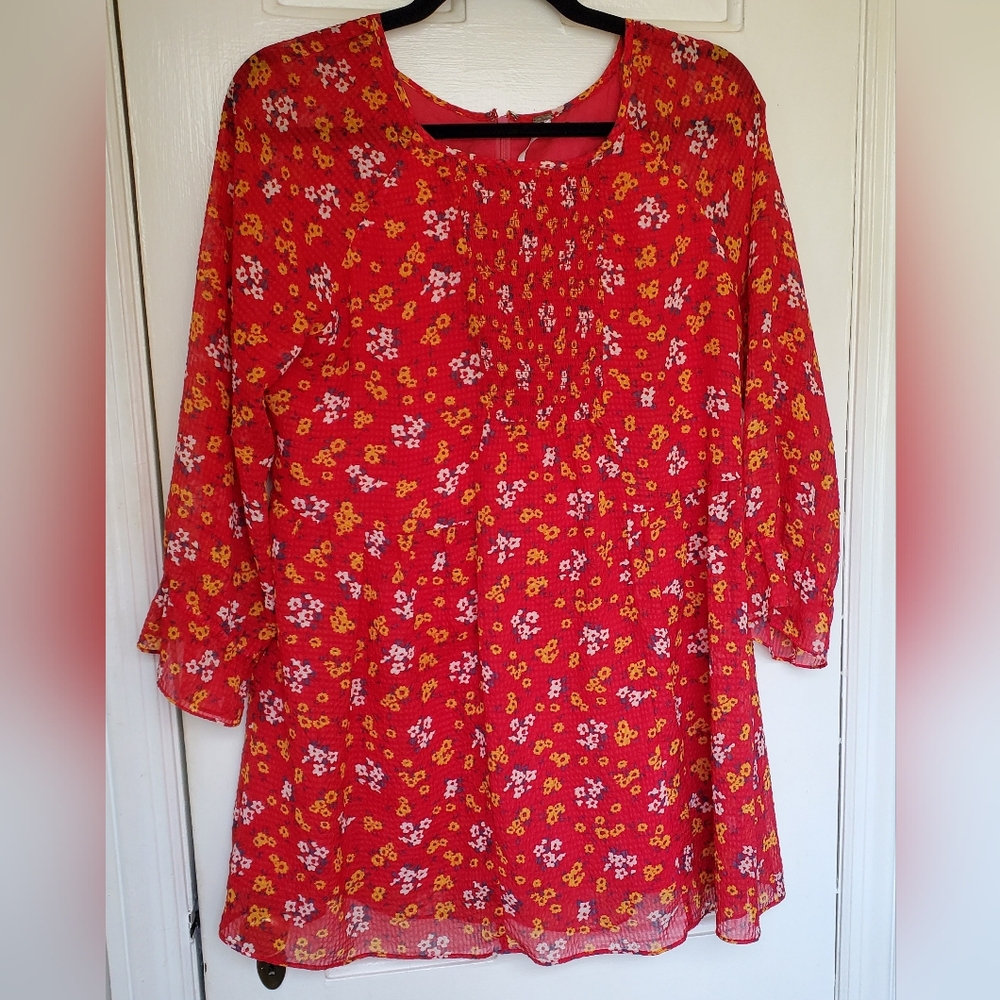 Free People Size 8 Mini Dress‎ Red Floral Print Smocked Front Flouncy Country